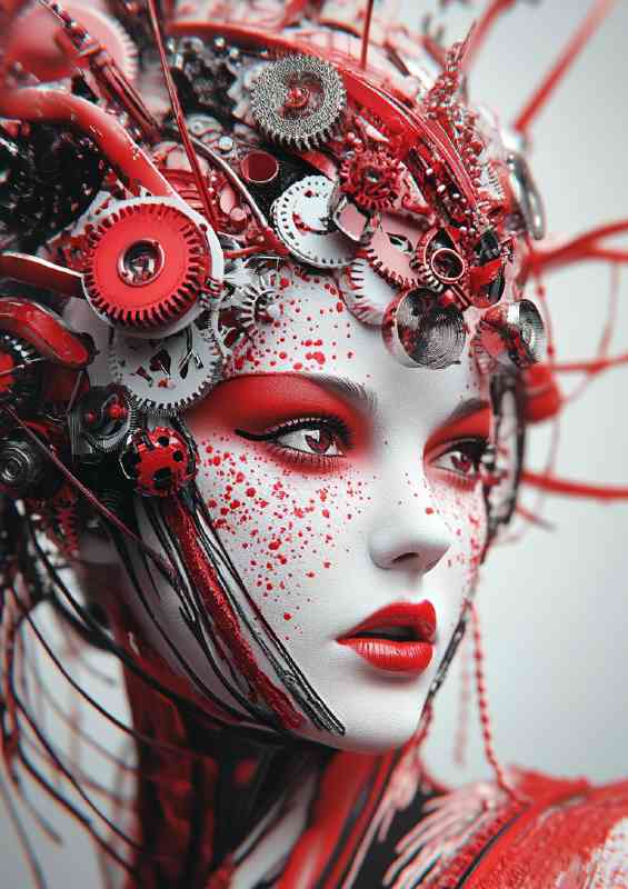 Woman with red and black makeup wearing an elaborate head piece