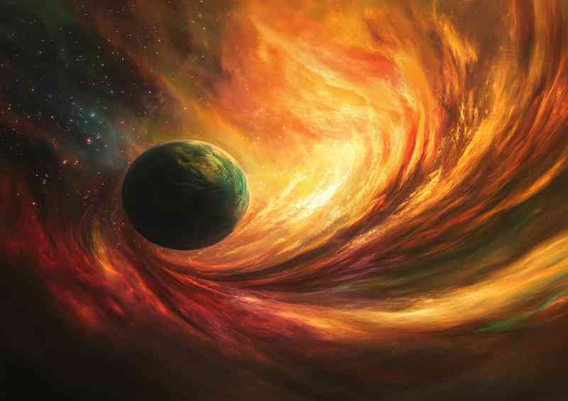 Colorful space scene with a planet nebula golden fire