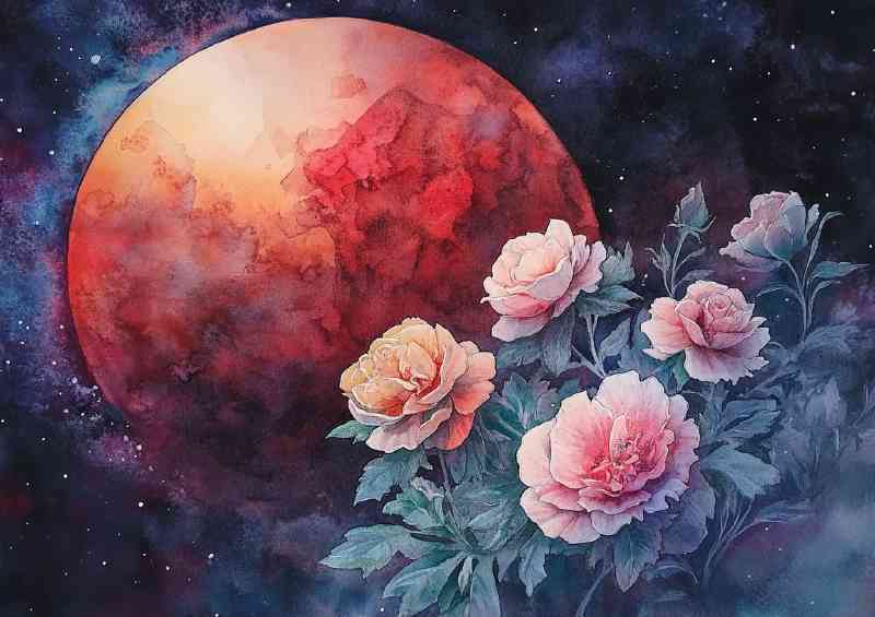 Watercolor painting of beautiful flowers in the moon