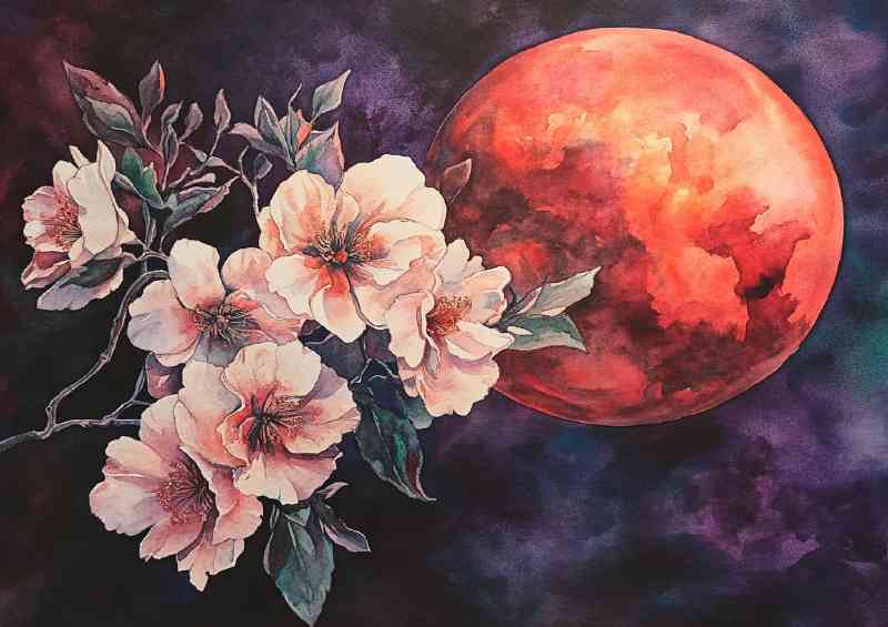 Watercolor painting of beautiful flowers ornage moon
