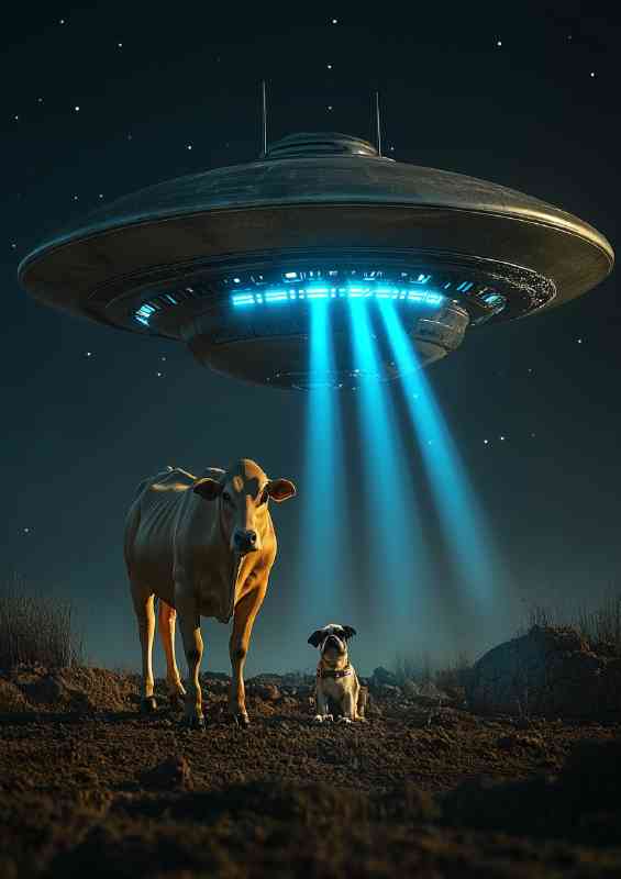 A cow being abducted by an alien UFO night sky with dog