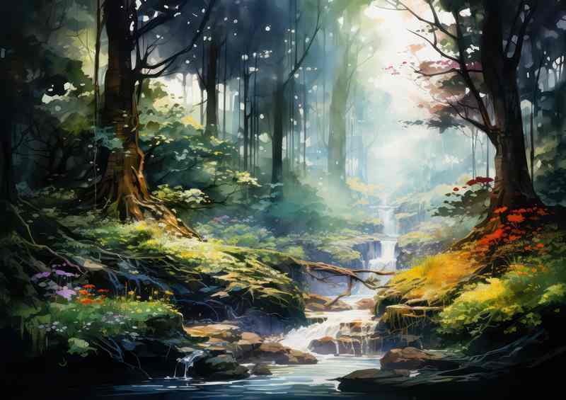 A Beautiful Forest With A Stream Running Through It
