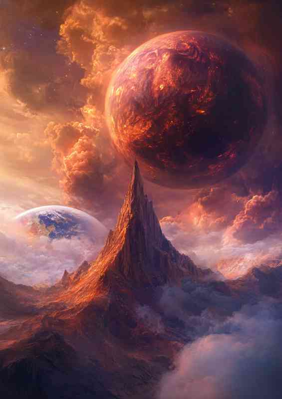 A fantastical depiction of the planet Mars with a towering mountain