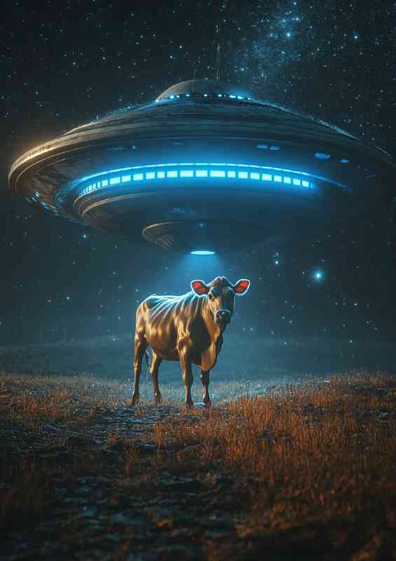 Cow being abducted by an alien UFO night sky