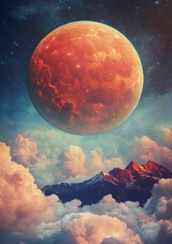 Giant planet rising above the clouds a mountain