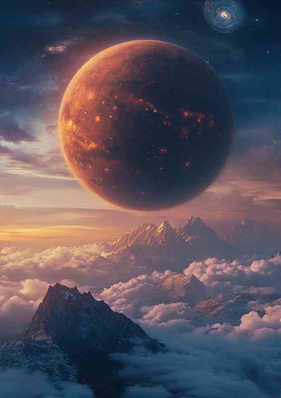 Giant planet rising above the clouds a mountain range
