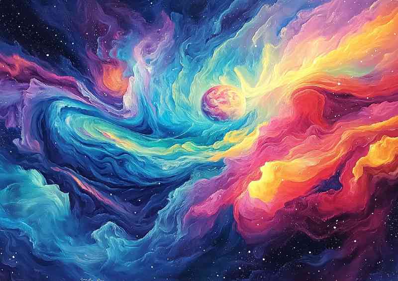 Space scene with a planet nebula and waves of colours