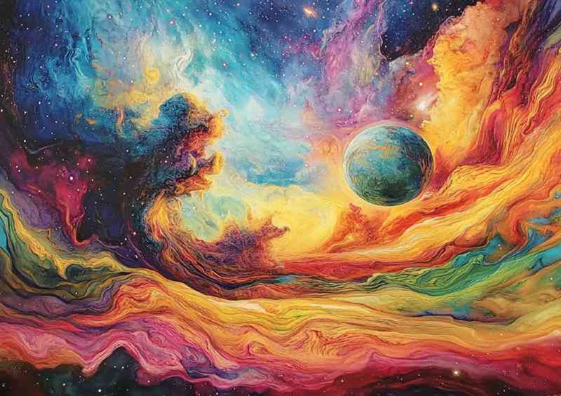 Space scene with a planet nebula crashing clouds