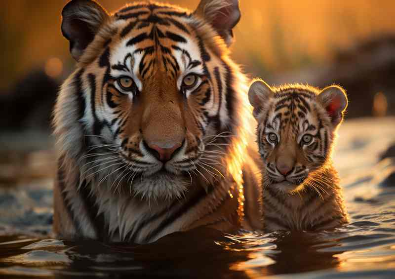 Tiger and cub in the water during the day time