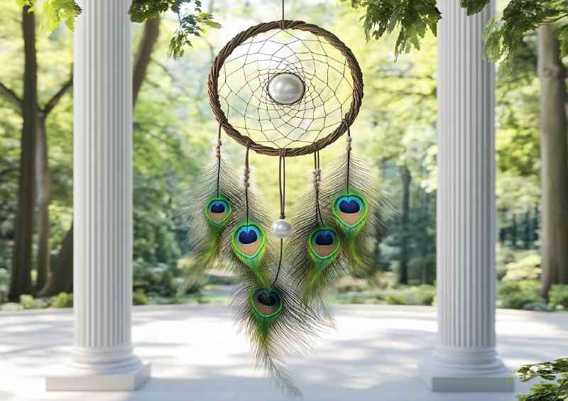 Dreamcatcher with feathers and green leaves hanging