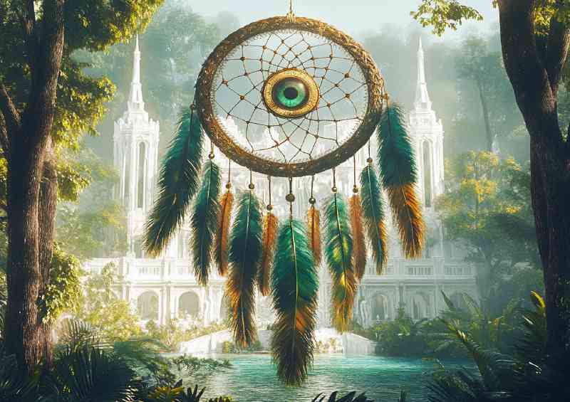 Large dreamcatcher with green and gold feathers