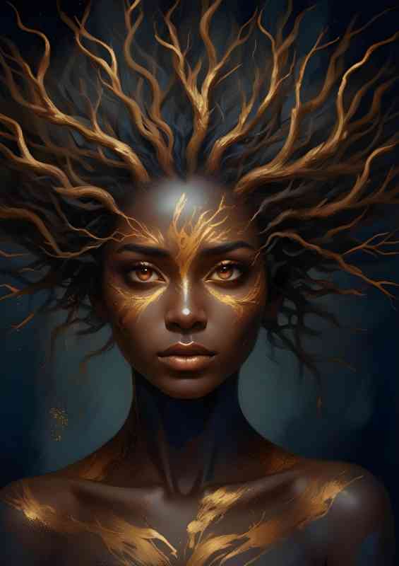 Bright golden eyes with dark blue and golden face woman
