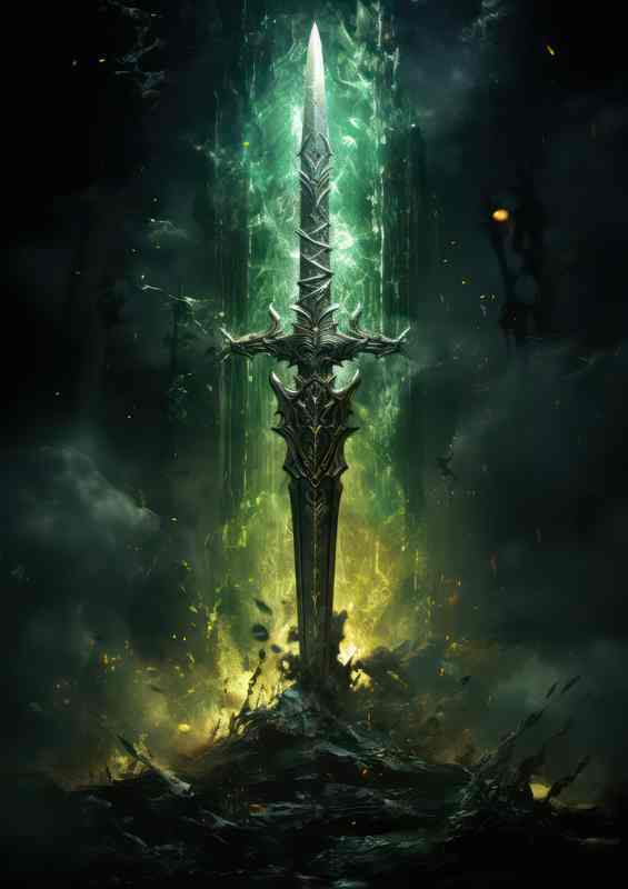 Green sword on top of water with splashes