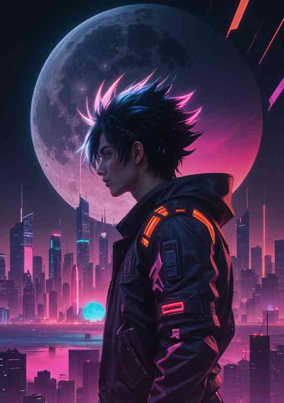 Futuristic city skyline with a large moon in the background