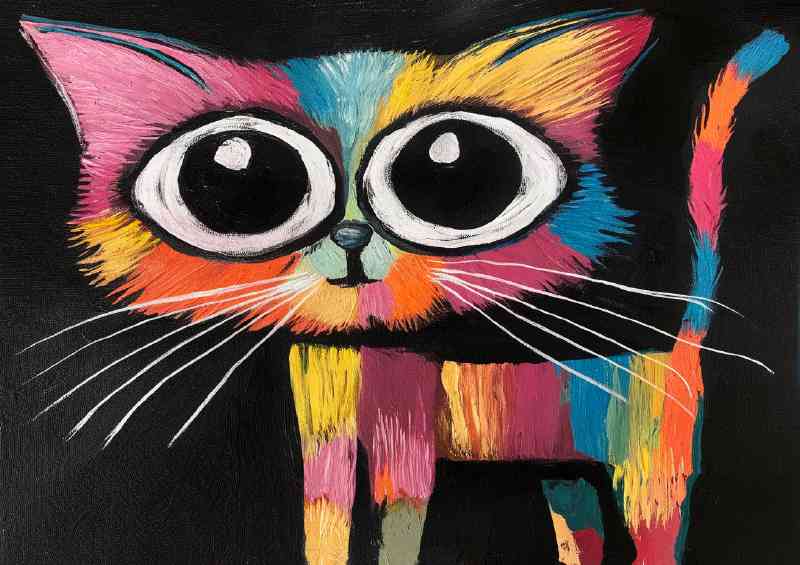 An artistic representation of a colourful cat