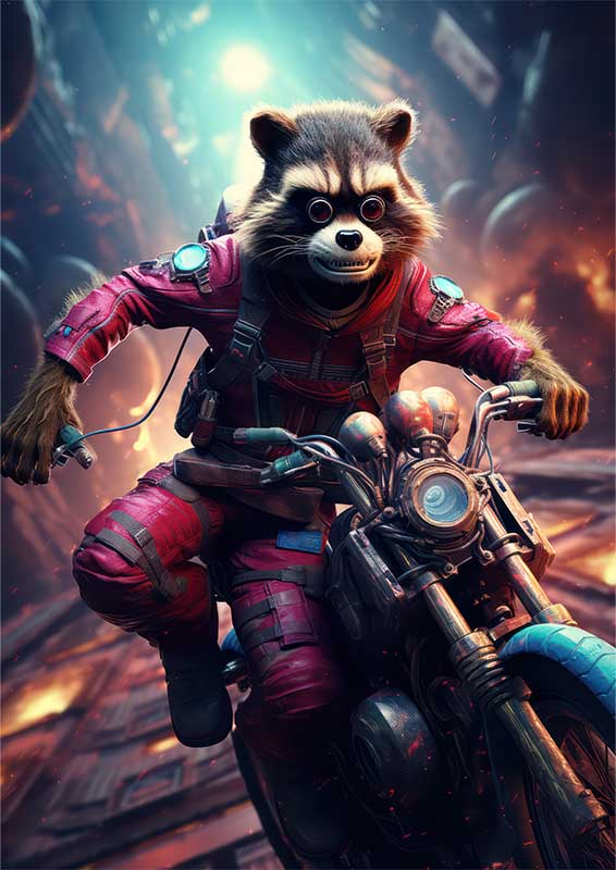 Racoon Riding On A Motorbike Through The Streets