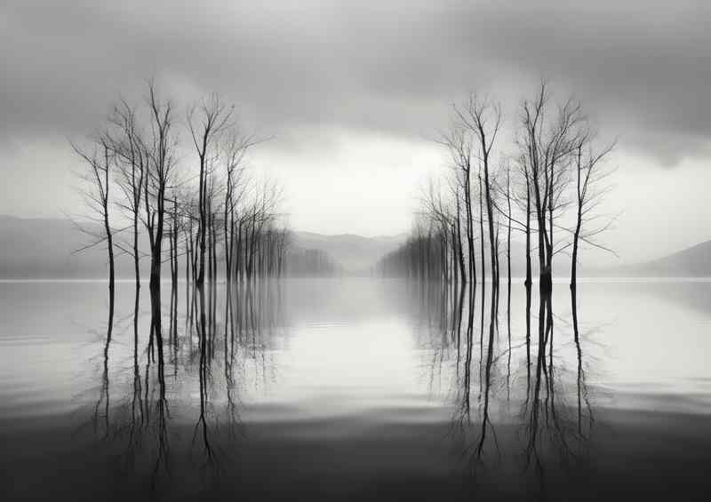 Shades of Stillness Reflecting Trees in Black and white
