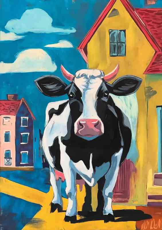 Urban setting with a large cow standing