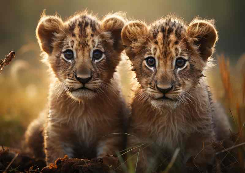 Two cubs of lions standing on the grass