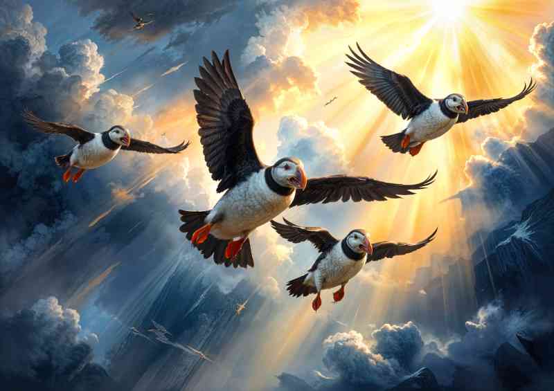 Flock of puffins flying through the sky