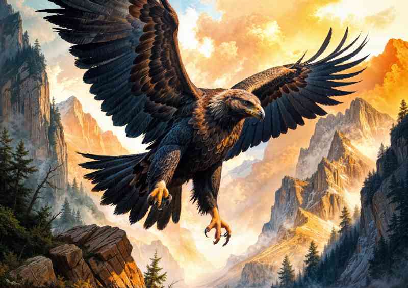 Water coloured painted eagle flying in the mountains