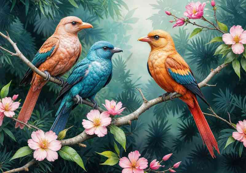 three birds percched in a forest
