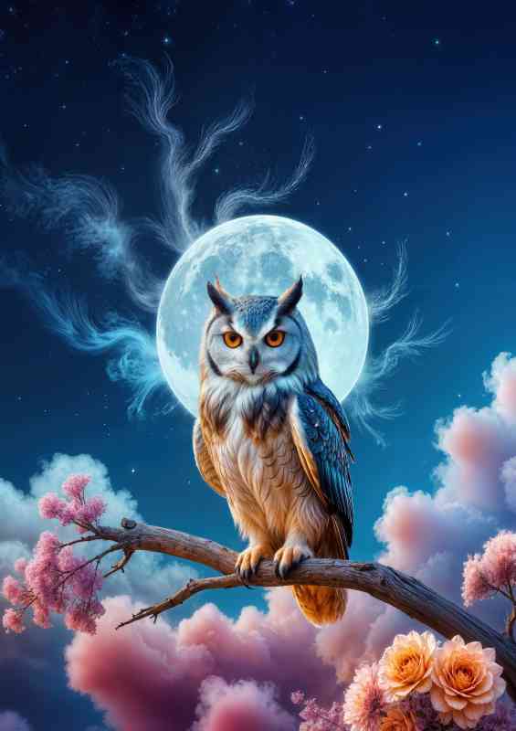 Colorful Owl with vibrant blue orange and red feathers