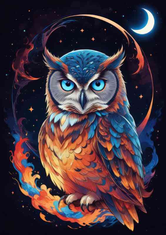 Colourful majestic owl at night blue eyes