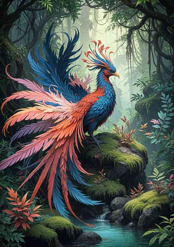 Fantastical phoenix bird perched on a mossy rock