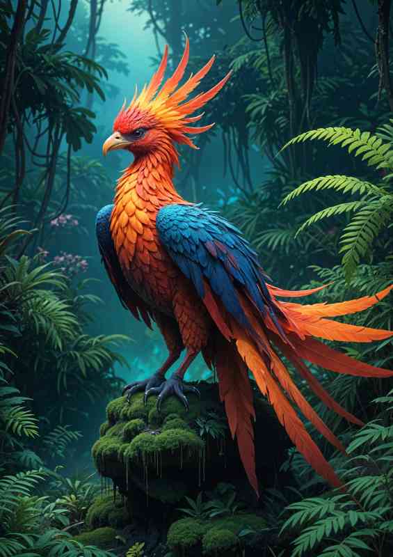 Fantastical phoenix bird with vibrant feathers perched on a mossy rock