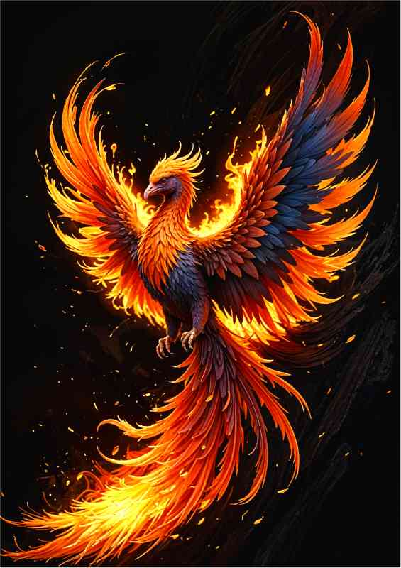 Fiery colourful phoenix in flight