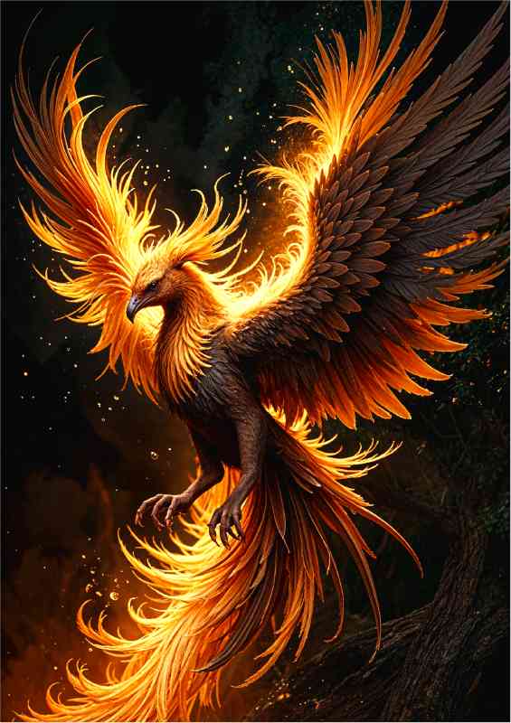 Fiery colourful phoenix with fire and ember sparks