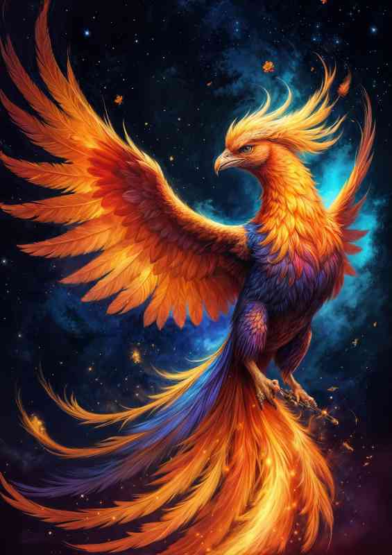 Fiery phoenix with vibrant colours night skies