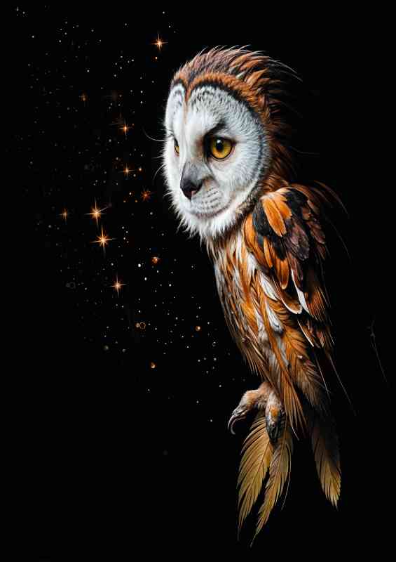 Majestic owl with glowing stars at night