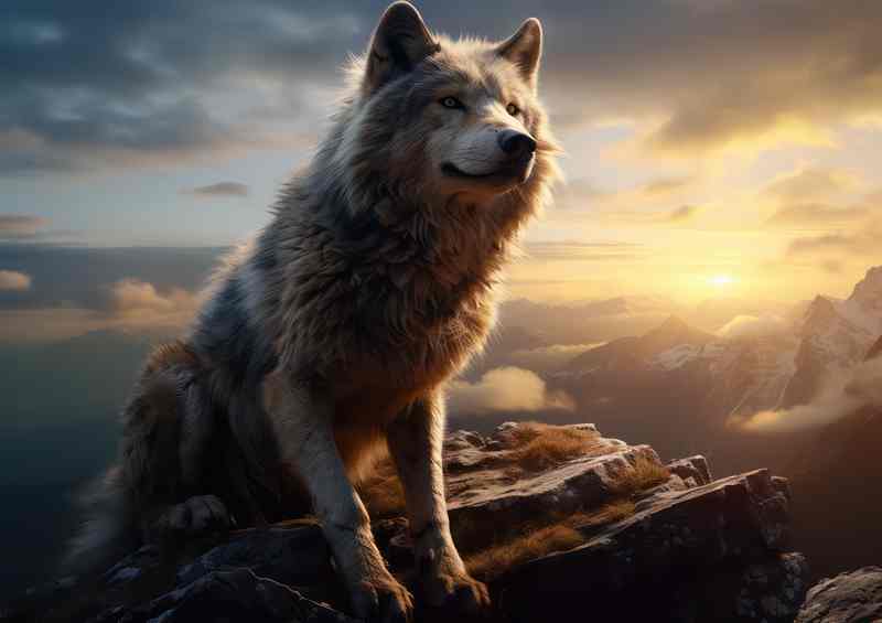 Wolf sitting on top of the mountains at sunset