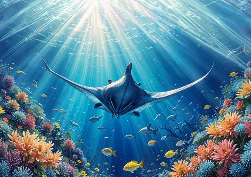 A large blue mantra ray swimming in an underwater ocean scene