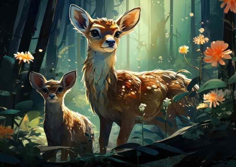 fawns and a deer In the magical woodlands