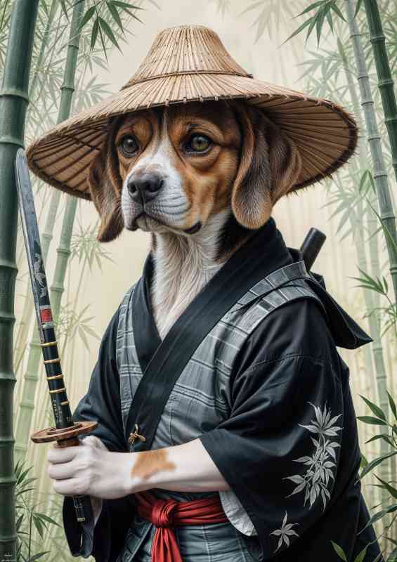 Beagle dog samurai warrior in bamboo forest