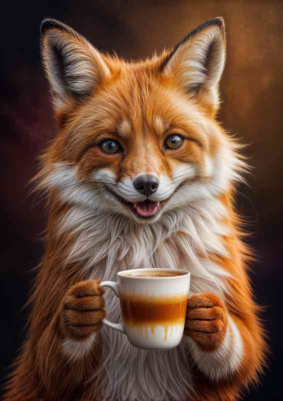 Happy red fox with a latte coffee