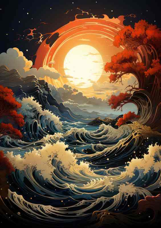 Crimson Moonrise Turbulent Sea Beneath