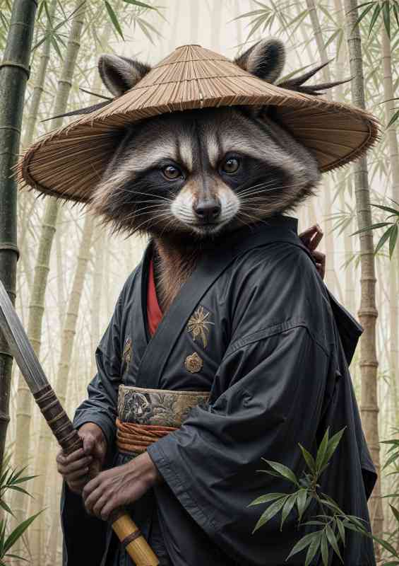Racoon samurai warrior in bamboo forest