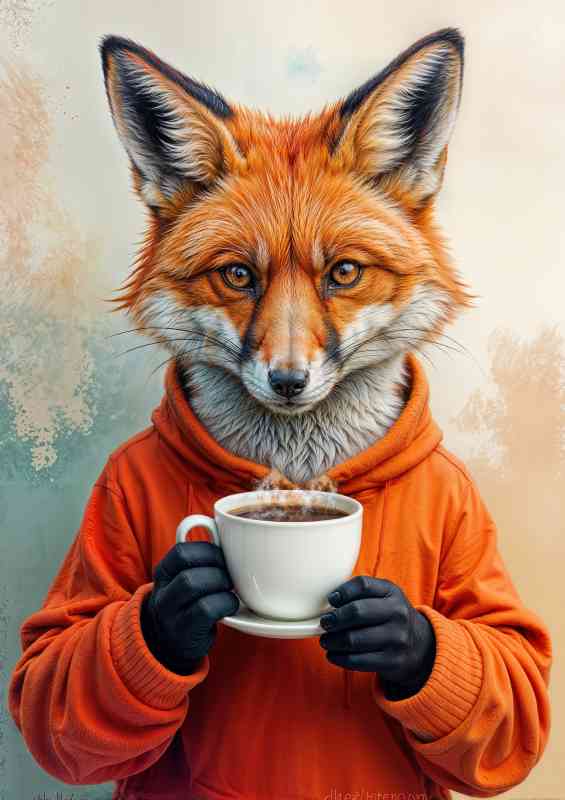 Red fox enjoying his cup of latte coffee