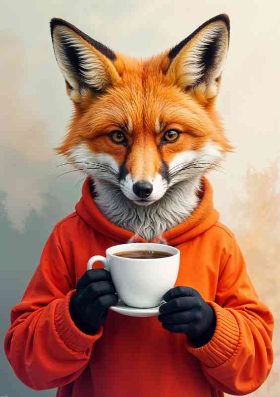 Red fox having a cup of latte coffe with a abstract background