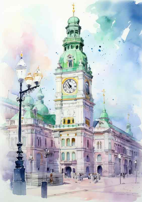 A Clock tower painted water colours style
