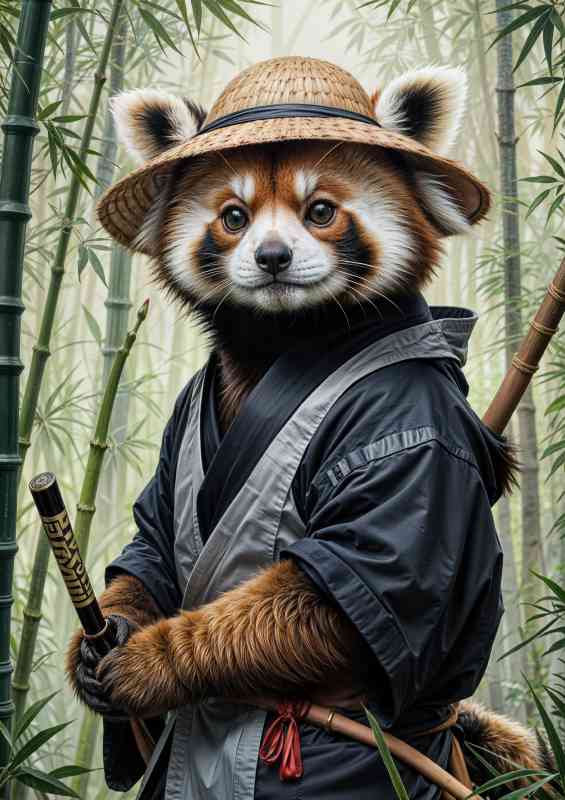 Red panda samurai in a bamboo forest