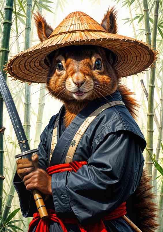 Red squirrel samurai warrior in bamboo forest