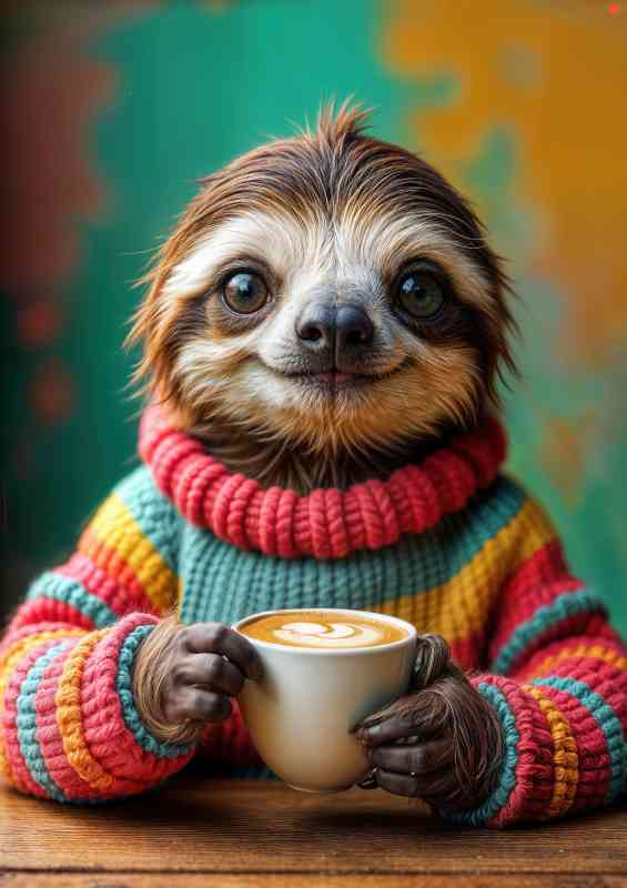 Sloth enjoying a coffee wearing a bright pull over