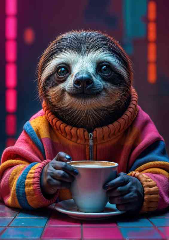 Sloth in neon colours drigking latte coffee