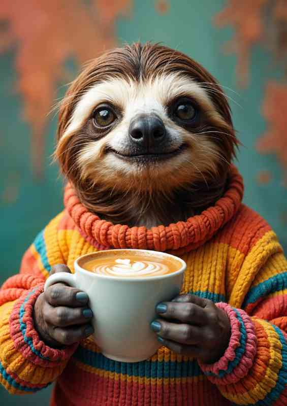 Sloth wearing a striped sweater having a nice cup of latte coffee