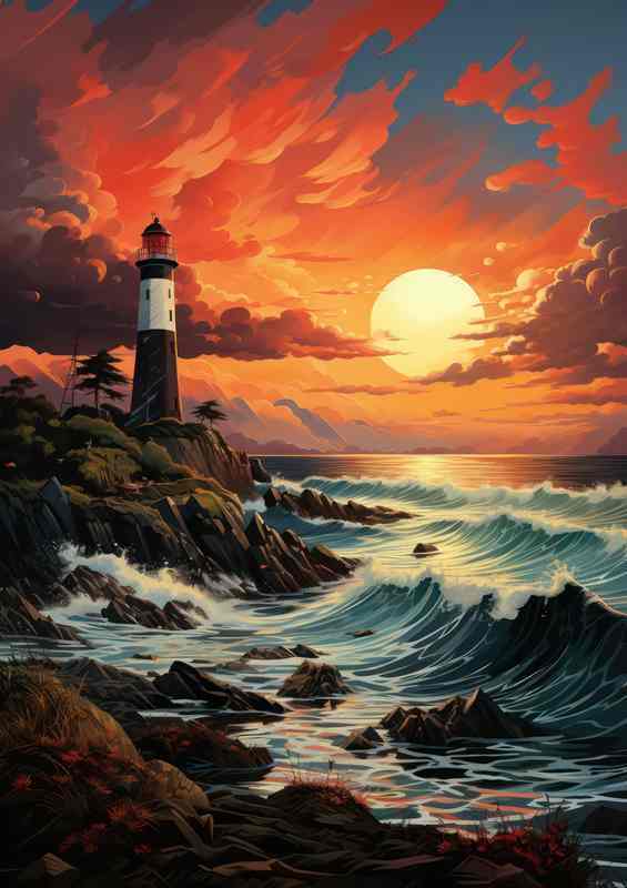 Golden Hour Glow Lighthouse at Sunset